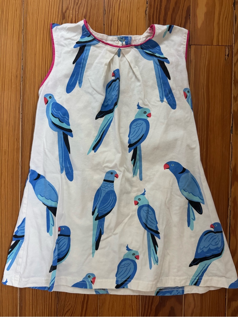 White Sleeveless Dress with Blue Parrot Print